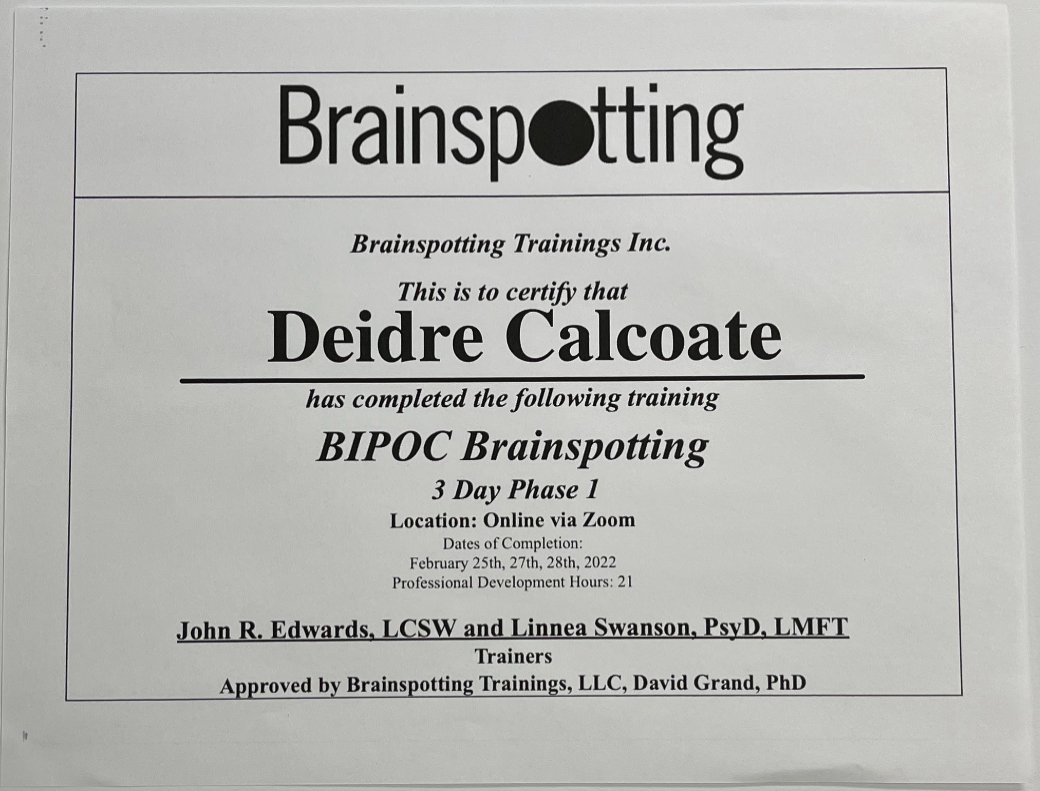 Awards and Certifications - BIPOC Brainspotting Certification - Phase one